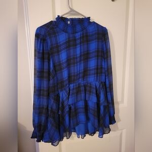 Torrid Blue and Black Plaid Ruffle Blouse